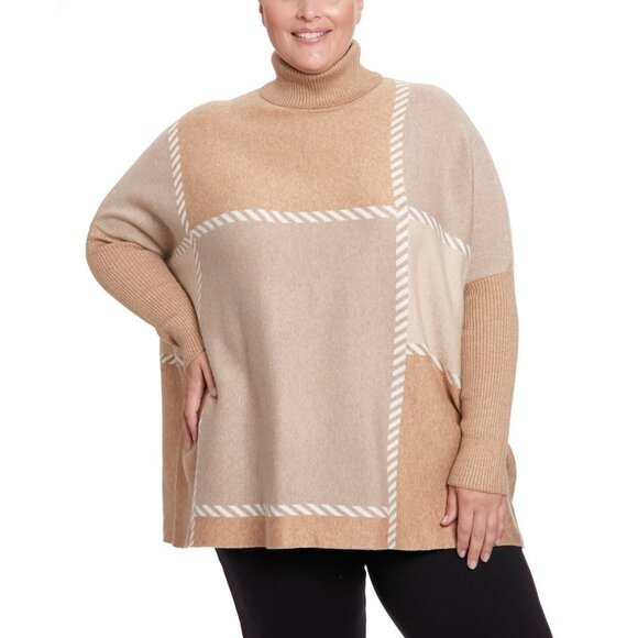 Joesph A Plus Size 2X Stitched Colorblock Turtleneck Poncho Sweater Brown $88 - Picture 1 of 4